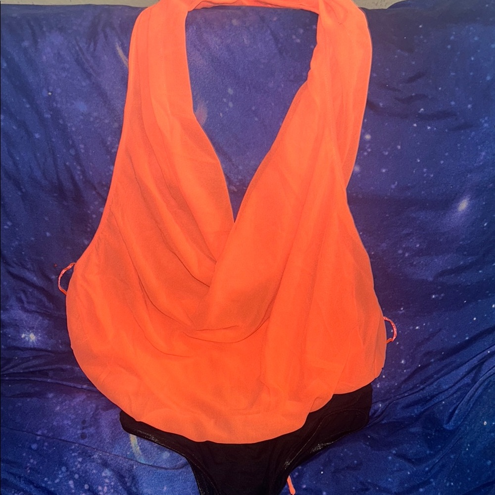 Vibrant Orange and Black Halter Top bodysuit